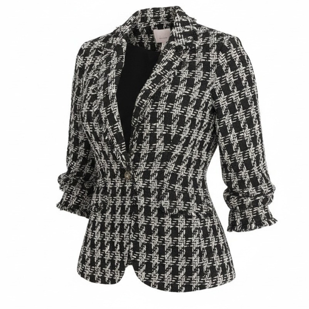 Cinq a Sept Khloe Tweed Blazer Black White‎ Ruched Sleeve Size 8